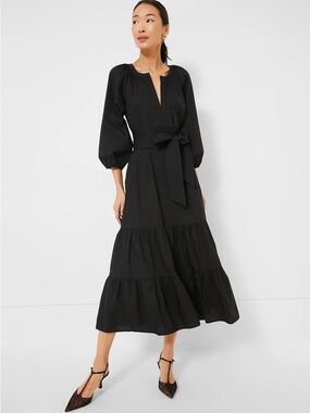 Tuckernuck Black Puff-Sleeve Tiered Midi Dress with Waist Tie